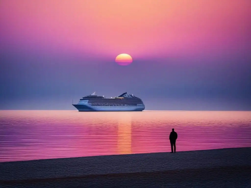 Un atardecer sereno sobre las aguas tranquilas del Mar Mediterráneo, con un crucero elegante al fondo