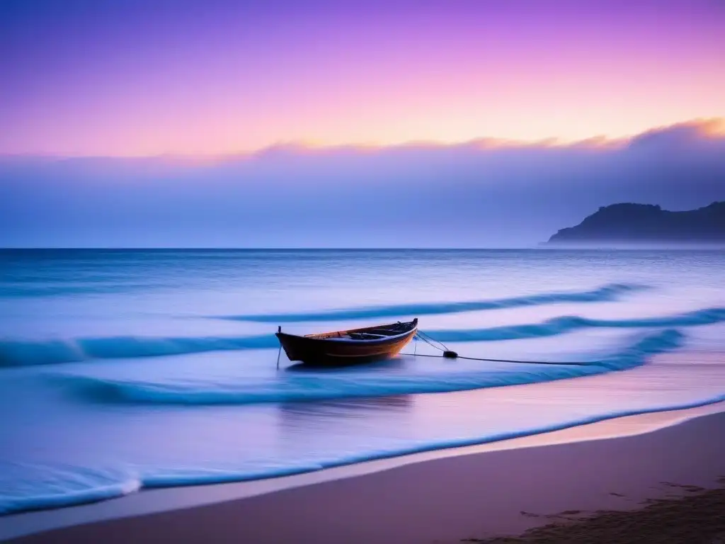 Atardecer sereno en la costa con barca pesquera y cielo colorido