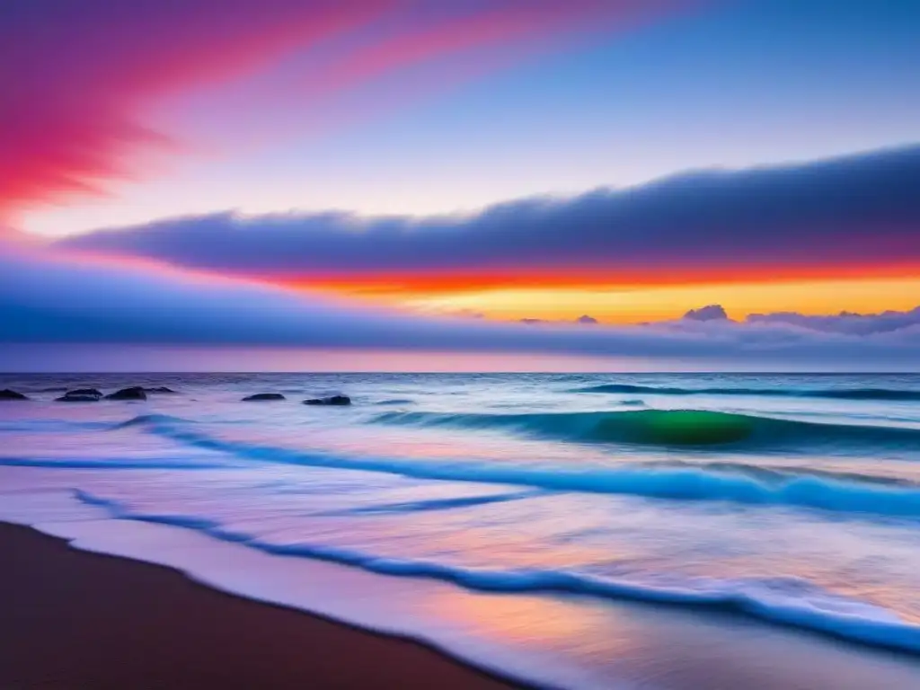 Un atardecer sereno en la costa, reflejando tonos rojos y naranjas en el agua, evocando relajación y belleza