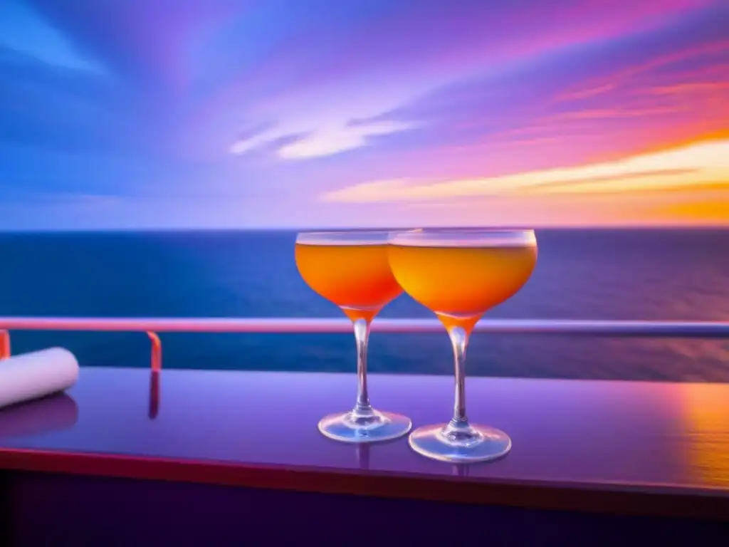 Atardecer de lujo en crucero: mixología y serenidad Un atardecer sereno en un crucero de lujo, con colores vibrantes reflejados en el mar