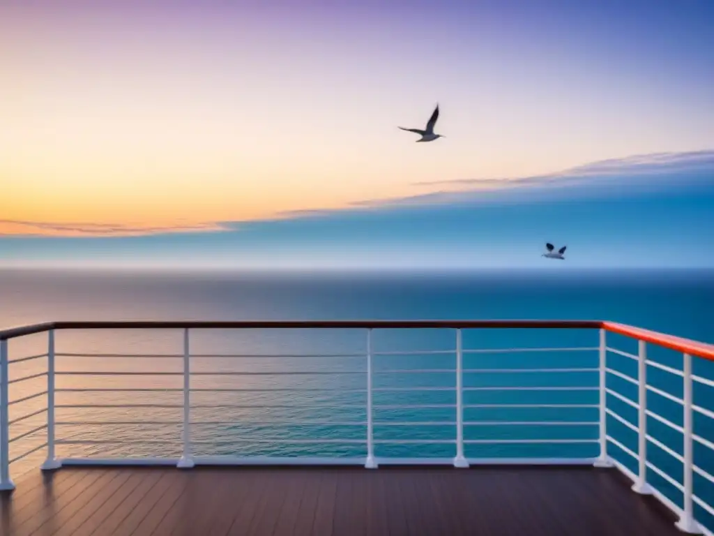 Un atardecer sereno desde un crucero de lujo, con aguas tranquilas reflejando tonos cálidos en el cielo y gaviotas volando