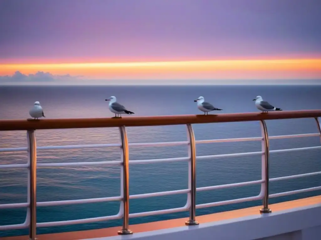 Atardecer sereno desde crucero, con tonos cálidos y gaviotas