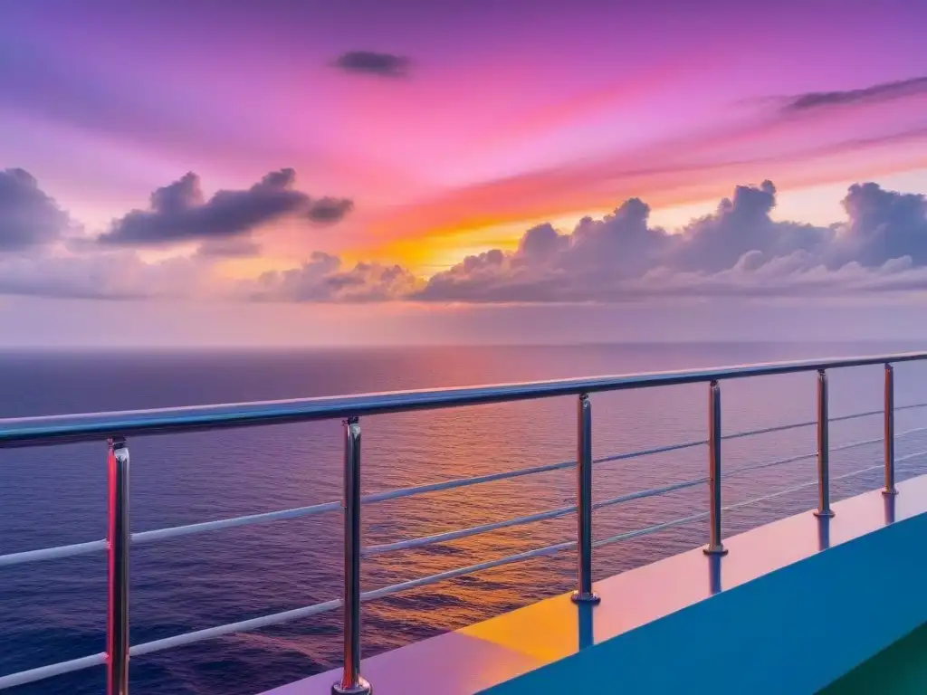 Un atardecer sereno desde un crucero, reflejando tonos naranjas, rosas y morados en el mar tranquilo