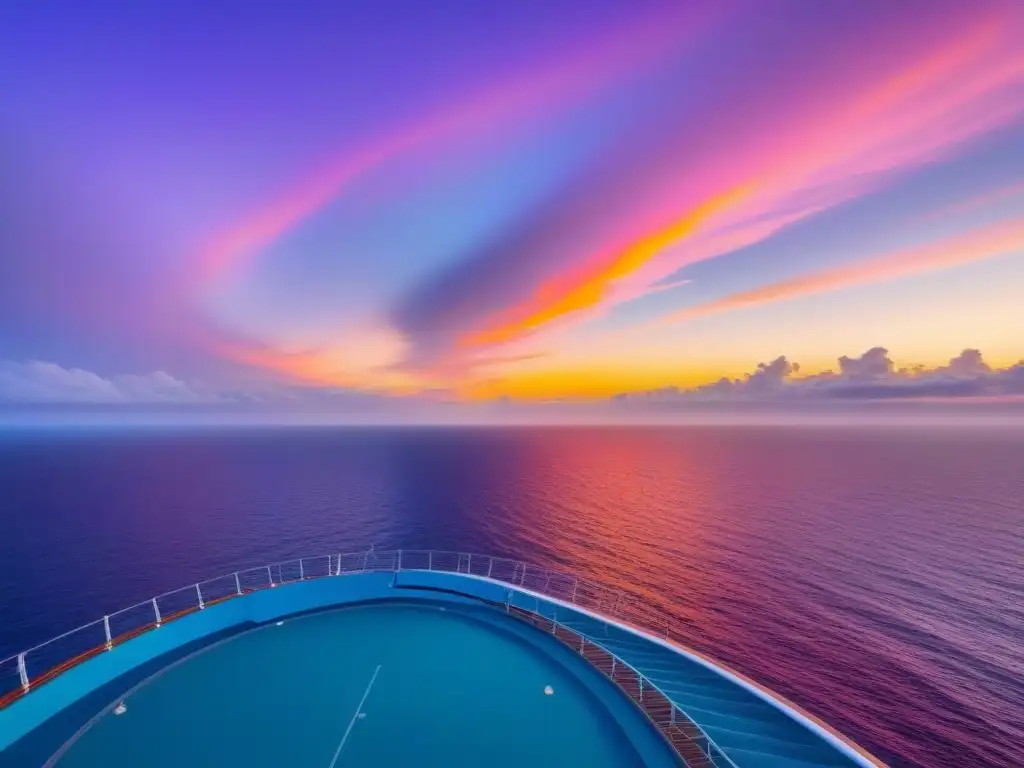 Un atardecer sereno desde un crucero sin WiFi para desconectar, con tonos naranja, rosa y morados reflejándose en el mar