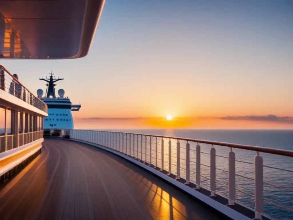 Un atardecer sereno en la cubierta de un crucero, reflejos anaranjados y rosados en el mar