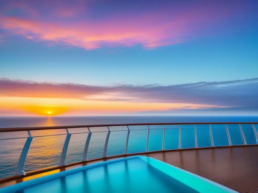 Un atardecer sereno desde la cubierta de un crucero, con diseño minimalista, evocando paz y seguridad en cruceros con IA