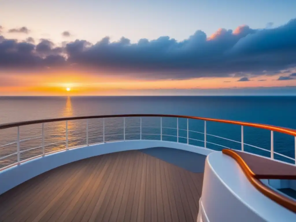 Un atardecer sereno desde la cubierta de un crucero de lujo, con el reflejo dorado del cielo en el mar, creando una atmósfera elegante y tranquila