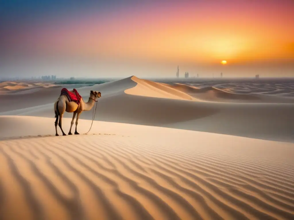 Un atardecer sereno en el desierto de Dubai, con tonos rosados y anaranjados