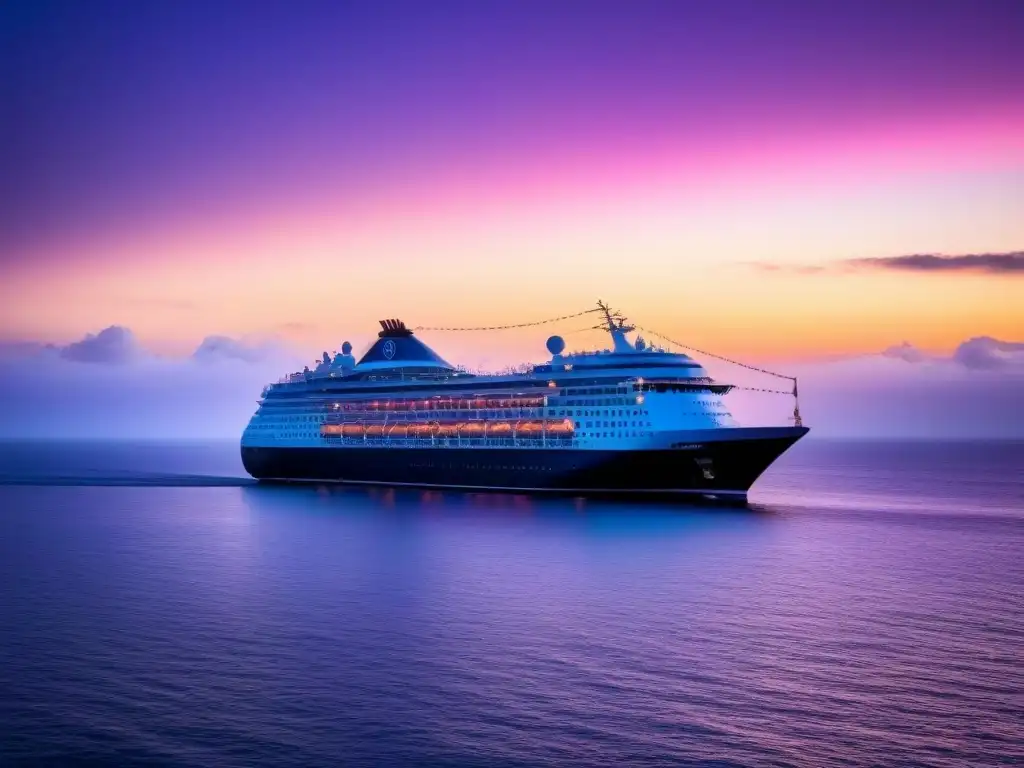 Un atardecer sereno y elegante sobre el mar, con el contorno de un lujoso crucero en la distancia