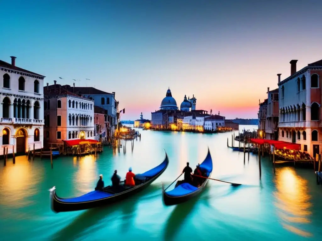 Un atardecer sereno en Venecia, con góndolas en el Gran Canal y edificios históricos