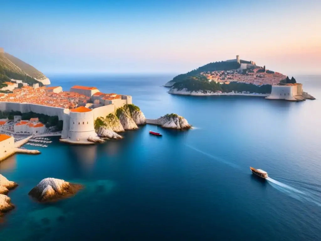 Atardecer sereno en el histórico puerto de Dubrovnik, con barcos flotando en el mar Adriático