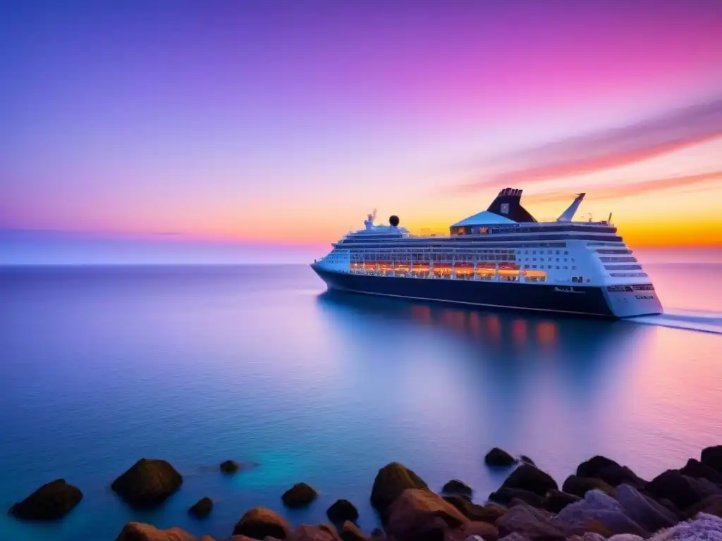 Un atardecer sereno con un lujoso crucero en un mar tranquilo, reflejando los cálidos colores del sol