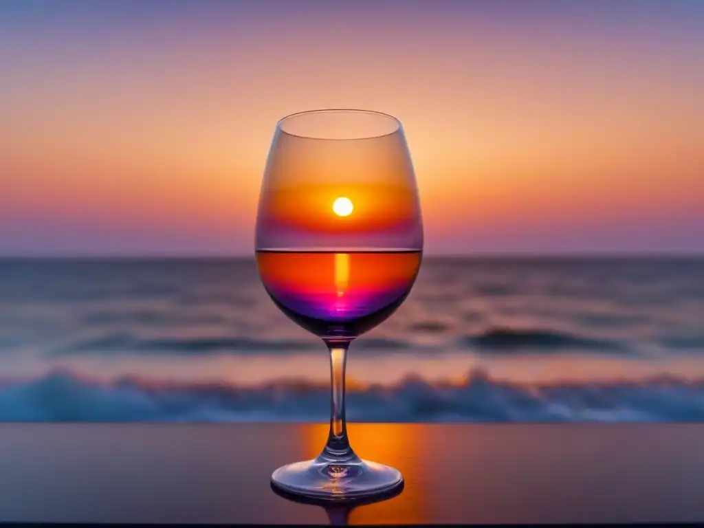 Atardecer sereno sobre el mar, con copa y botella, reflejos anaranjados y rosados