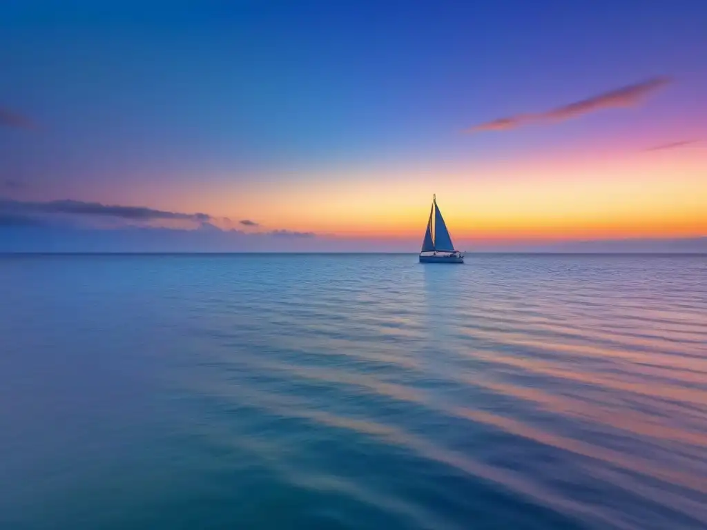 Un atardecer sereno en el mar, reflejando el cielo colorido en aguas tranquilas con un velero a lo lejos