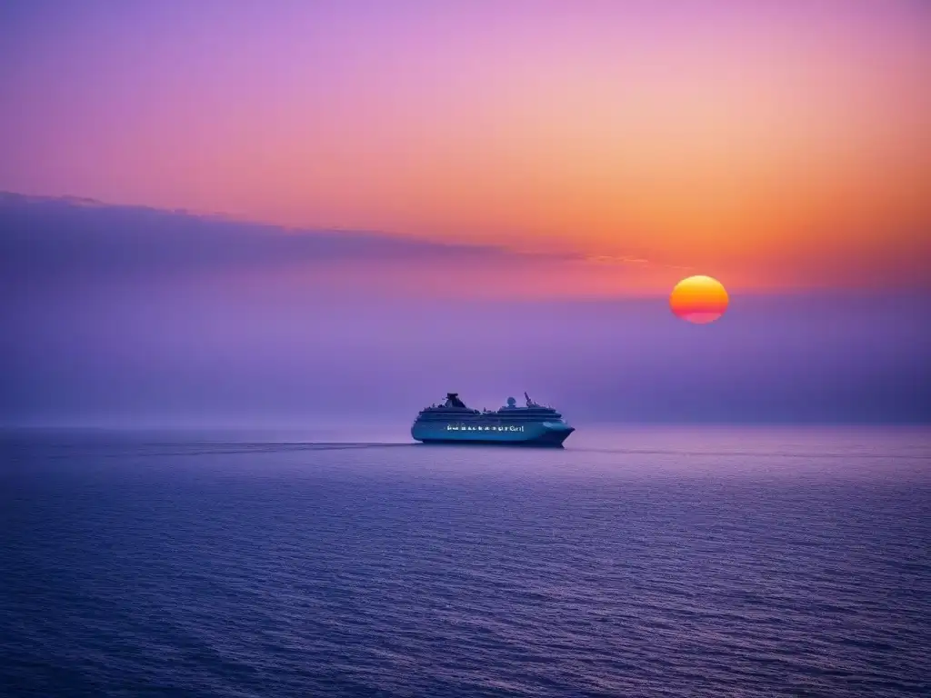 Un atardecer sereno sobre el mar, con un crucero elegante al fondo