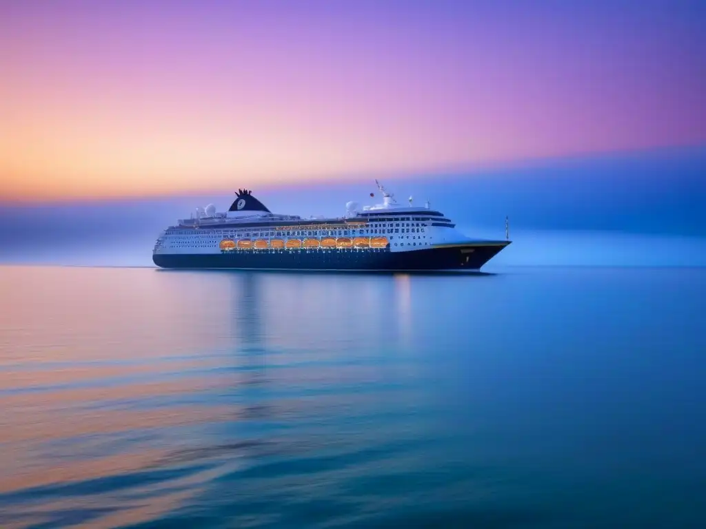 Atardecer sereno en el mar, con un crucero al fondo y cielo pastel reflejado en el agua