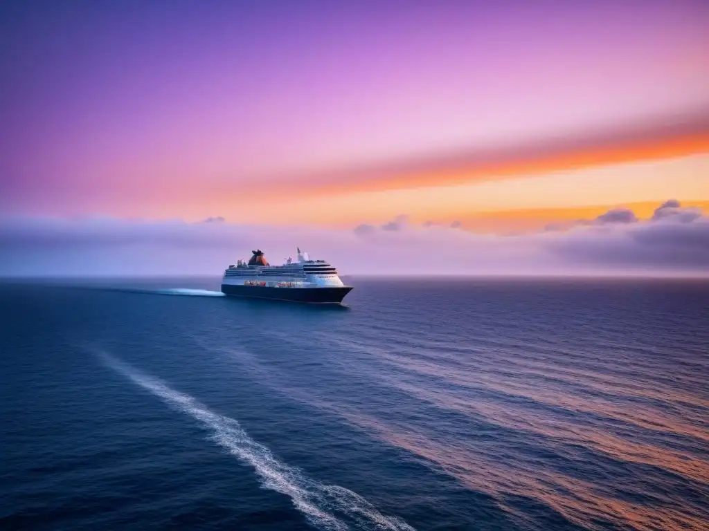 Un atardecer sereno sobre el mar, con un crucero elegante al fondo