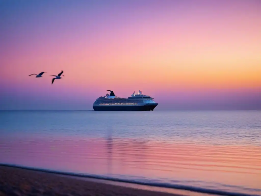 Un atardecer sereno en el mar con un crucero a lo lejos y gaviotas sobrevolando