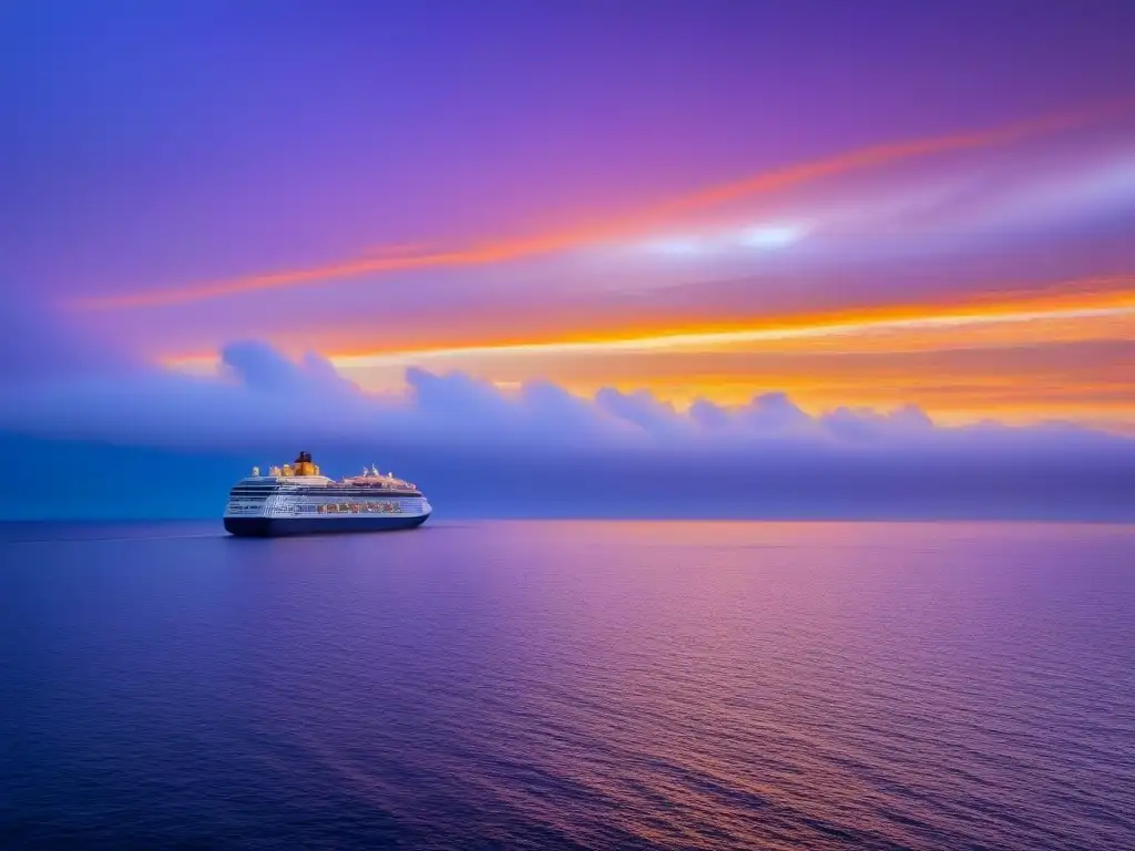 Atardecer sereno en el mar con crucero al fondo Un atardecer sereno en alta mar con un crucero al fondo, reflejándose en aguas calmas, transmitiendo lujo y relajación