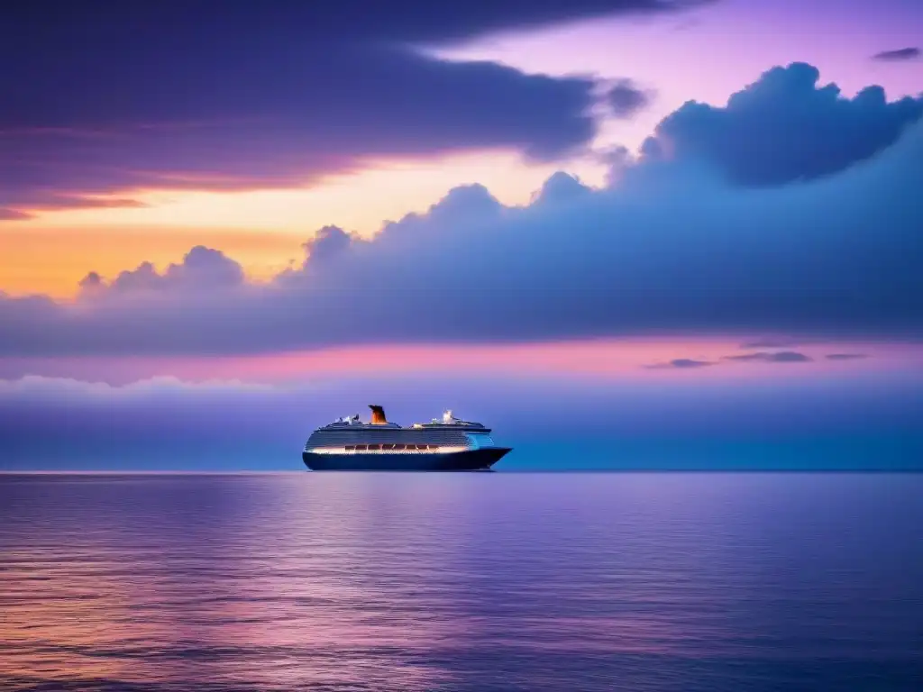 Un atardecer sereno sobre el mar, con un crucero en la distancia, crea un ambiente romántico