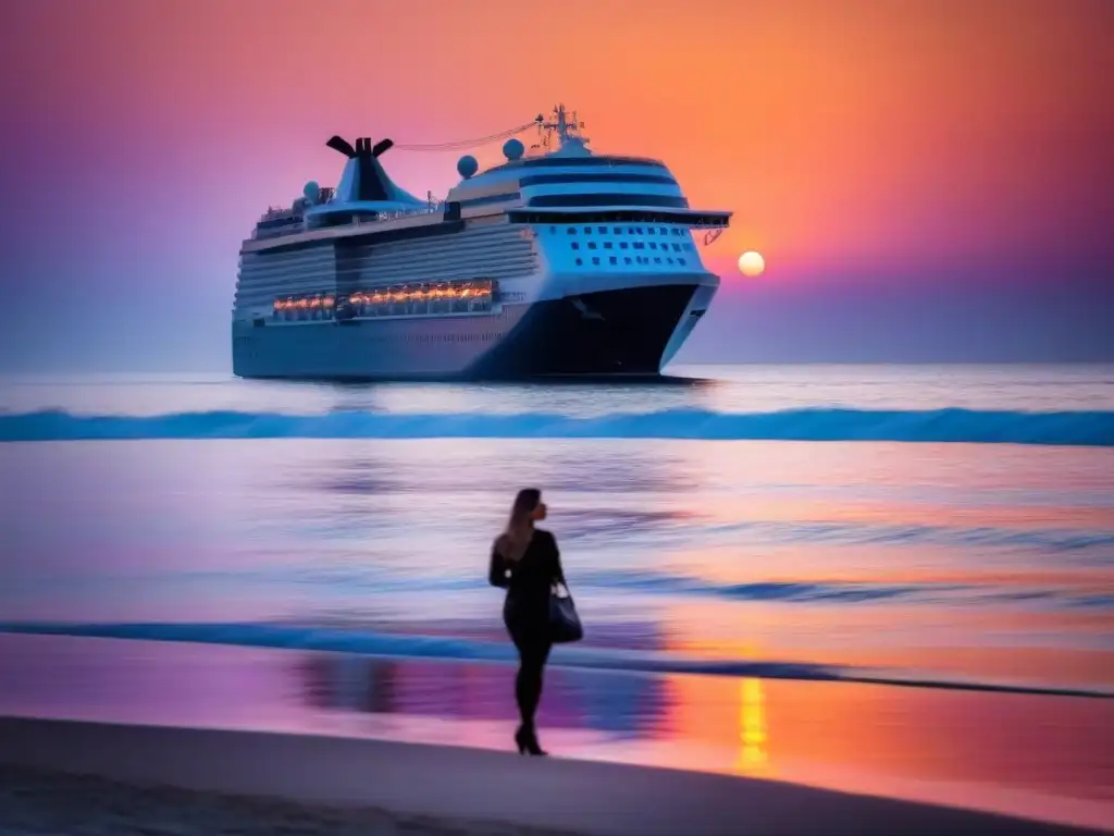 Un atardecer sereno en el mar, con un crucero minimalista al fondo y un cielo cálido reflejado en las tranquilas aguas