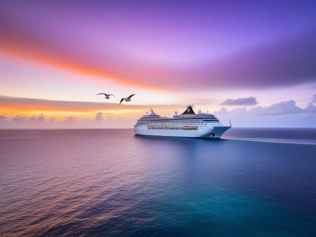 Un atardecer sereno sobre el mar Caribe, con un crucero minimalista en el horizonte y gaviotas en vuelo