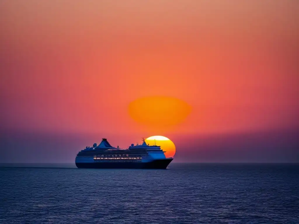 Un atardecer sereno sobre el mar con un crucero al horizonte, reflejando lujo y tranquilidad