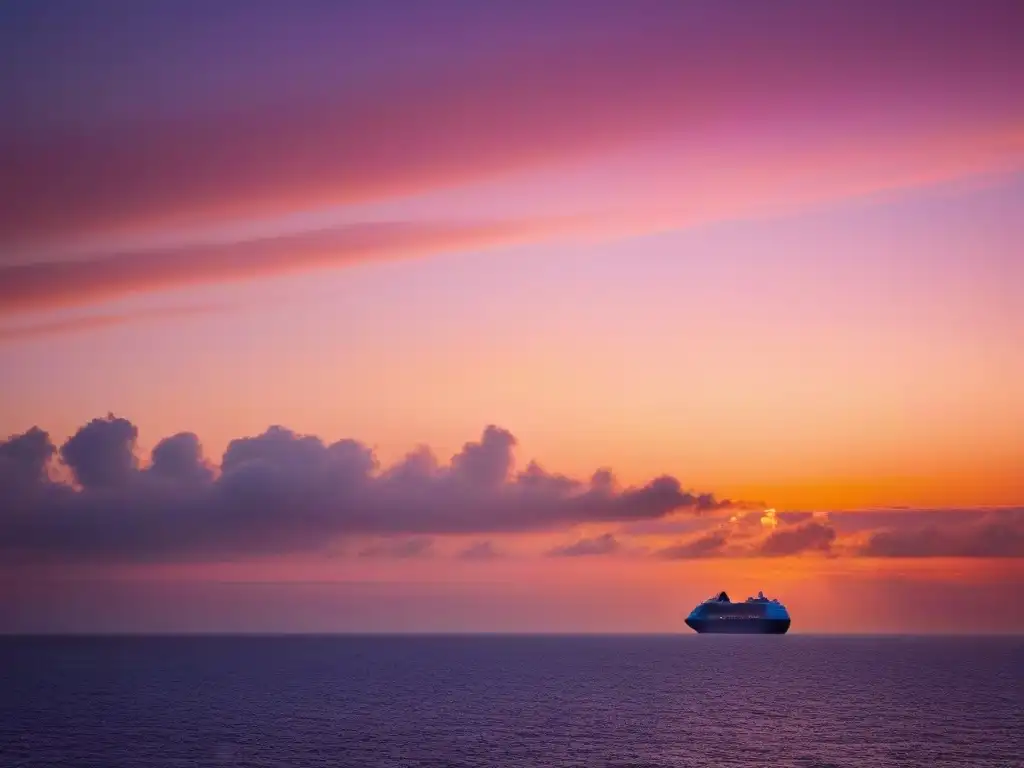 Un atardecer sereno sobre el mar, con un crucero en silueta