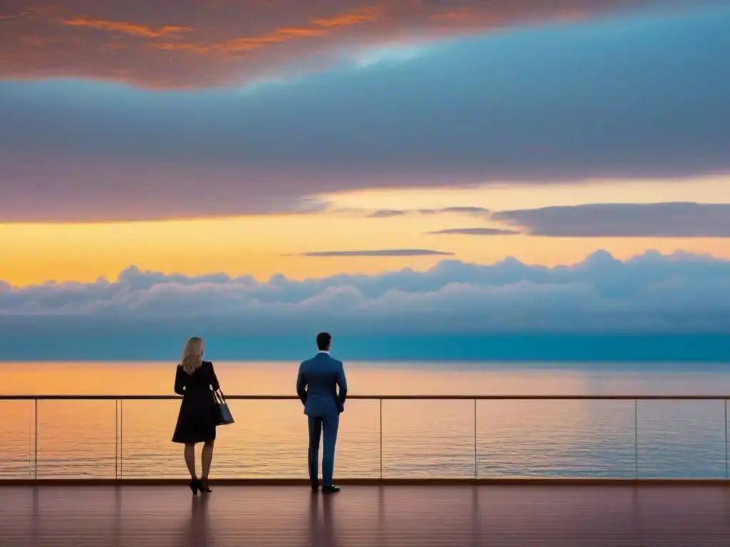 Un atardecer sereno en el mar con un lujoso crucero al fondo y una pareja elegante paseando