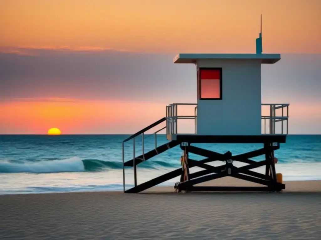 Un atardecer sereno en el mar con una torre de vigilancia y un bote, evocando calma y preparación para emergencias marinas