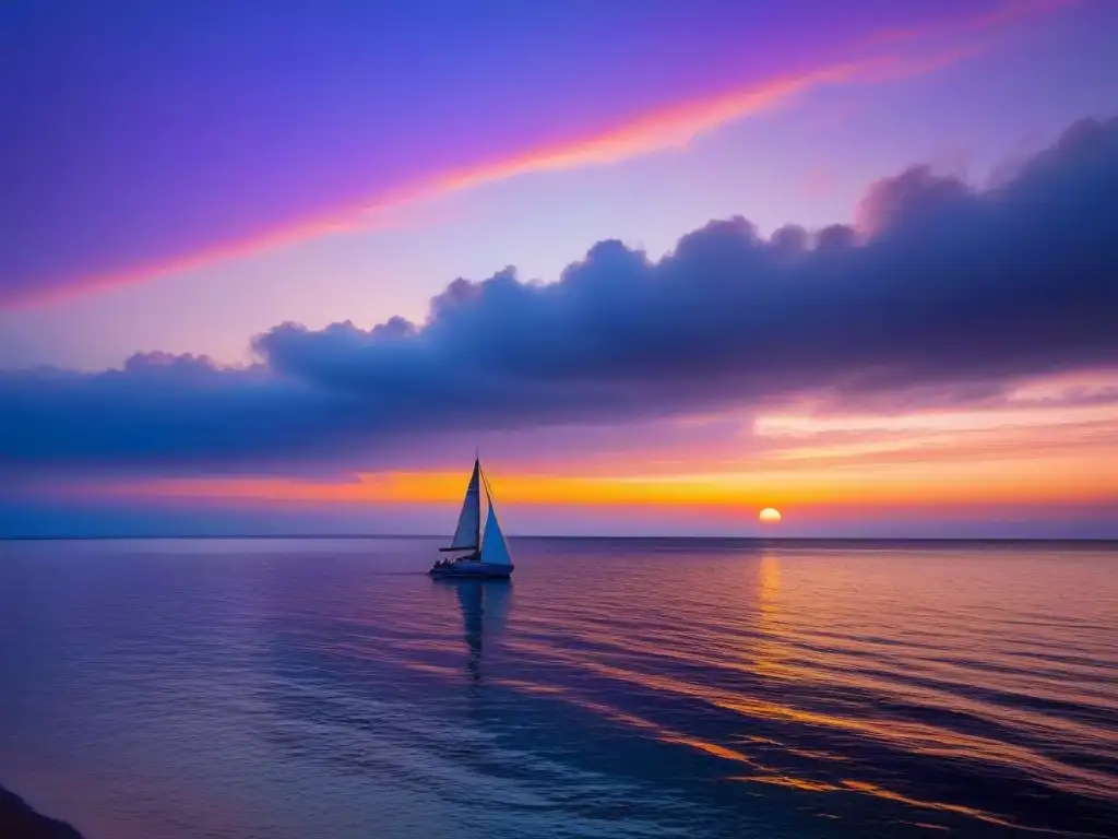 Un atardecer sereno en el mar con un velero solitario