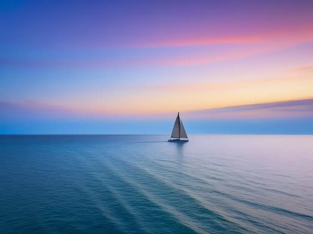 Un atardecer sereno en el mar con un velero solitario navegando, reflejos cálidos del sol y cielo pastel