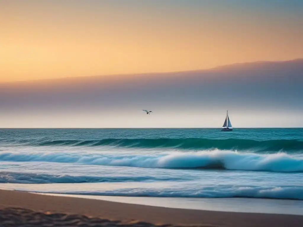 Atardecer sereno en el mar, con velero solitario y gaviotas, ideal para la gestión de crisis en turismo marítimo