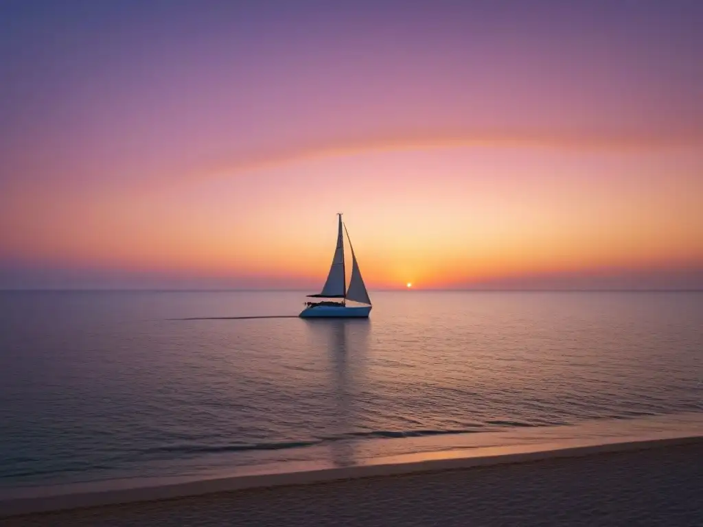 Un atardecer sereno en el mar con un velero solitario, reflejando en el mar tranquilo