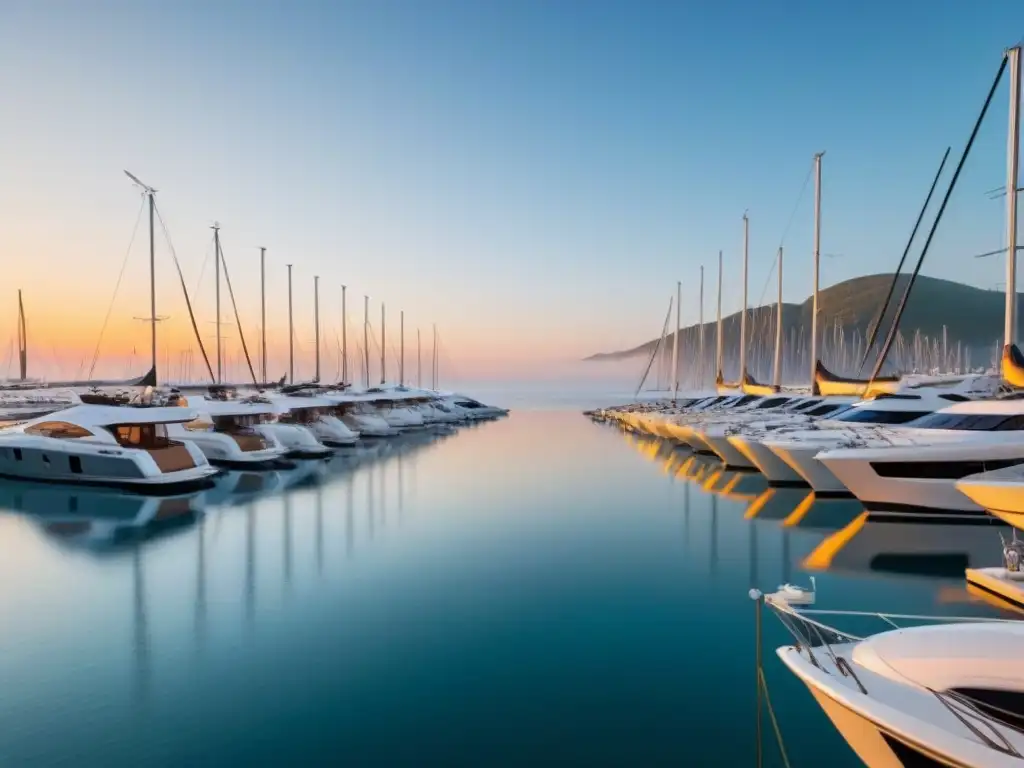 Un atardecer sereno en una marina de lujo, yates en perfecta simetría reflejando el sol