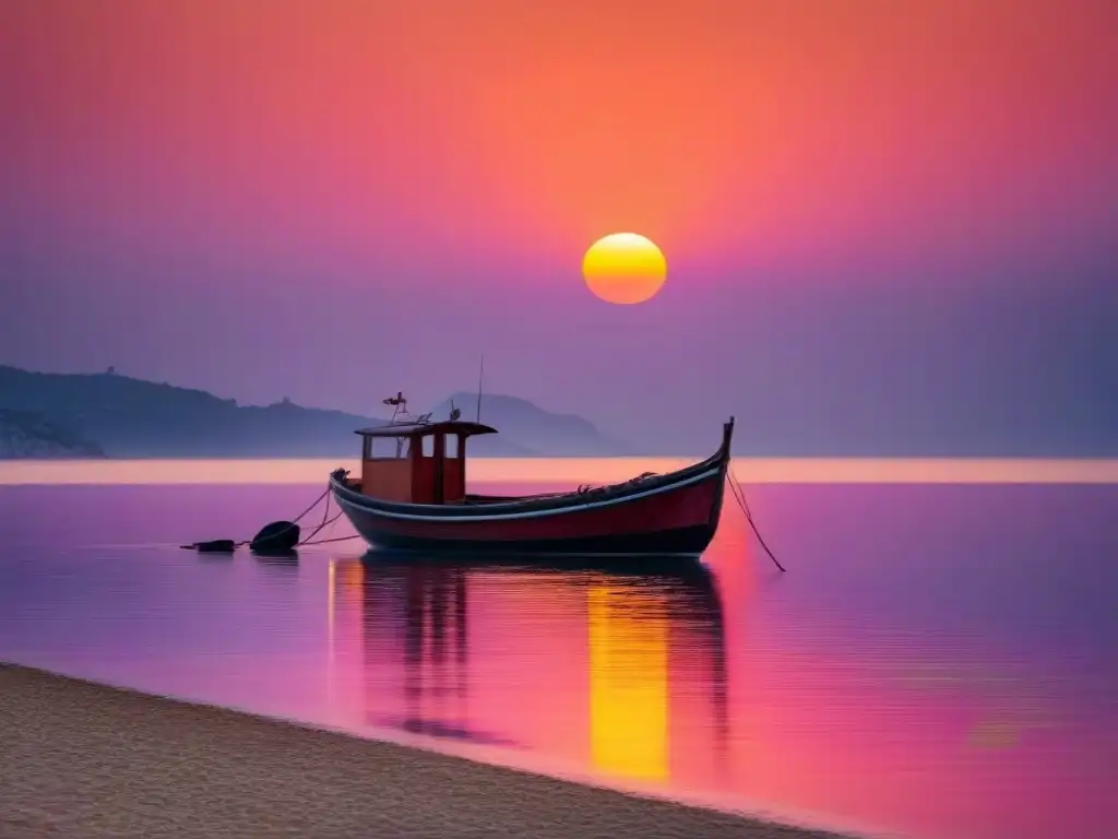 Puesta de sol en el Mediterráneo: barca pesquera al atardecer Un atardecer sereno sobre el Mediterráneo con un bote de pesca de madera flotando