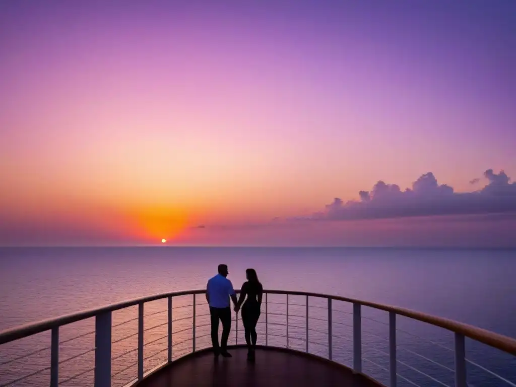 Un atardecer sereno sobre el océano, con un crucero en la distancia y una pareja admirando la vista juntos