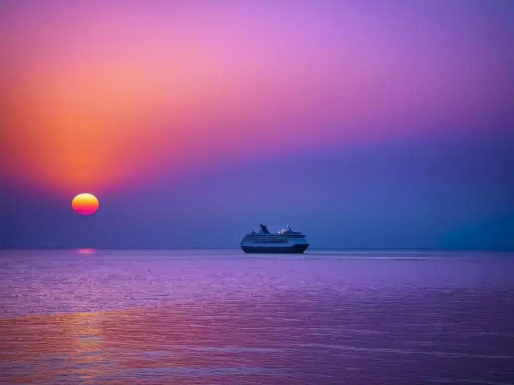 Un atardecer sereno en el océano con un crucero lejano