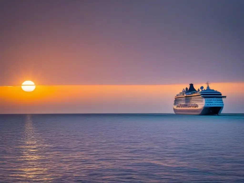 Un atardecer sereno sobre el océano con un crucero de lujo al fondo, reflejando la elegancia y tranquilidad de los servicios de concierge en cruceros