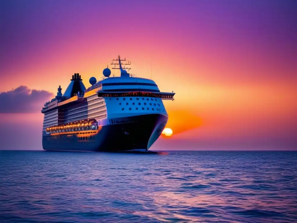 Un atardecer sereno sobre el océano, con un crucero elegante al fondo