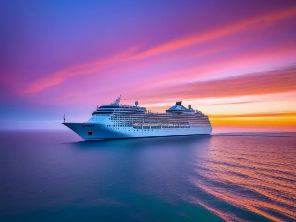 Un atardecer sereno sobre el océano, con un lujoso crucero en la distancia, reflejado en el agua, evocando tranquilidad y romance