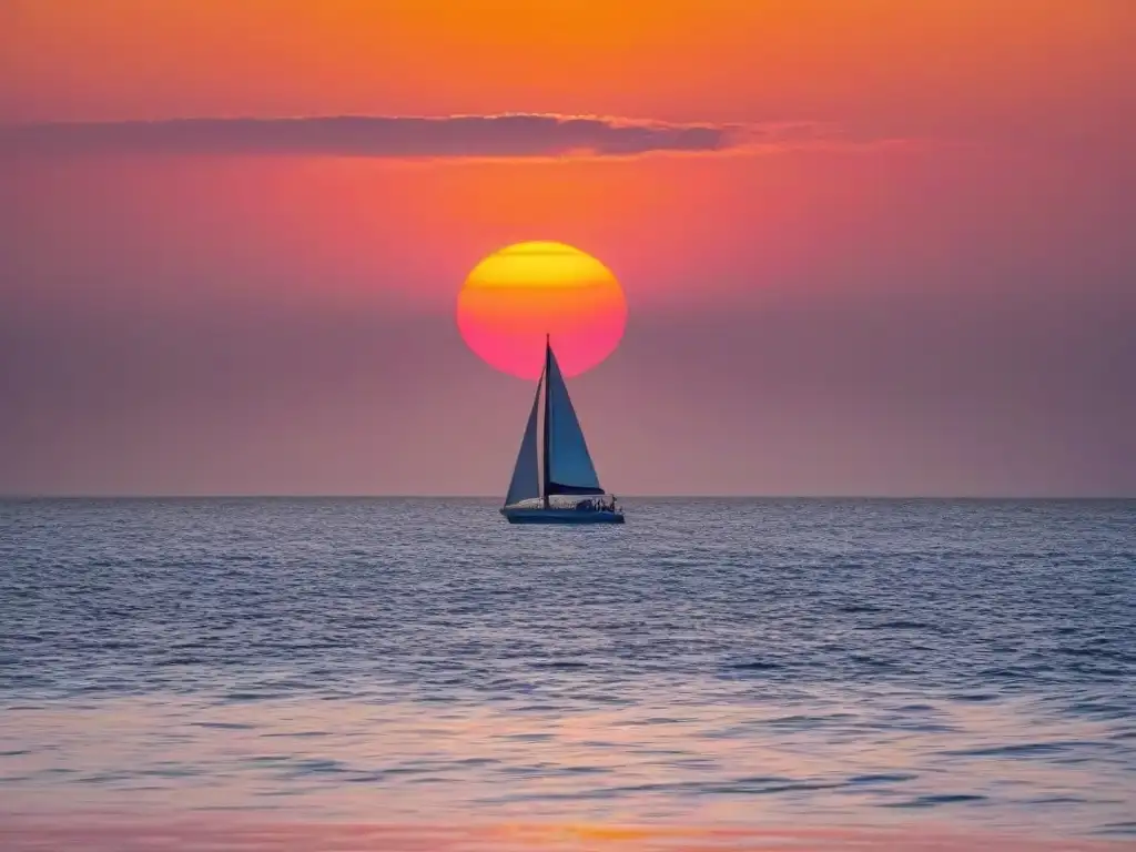 Un atardecer sereno sobre el océano, con tonos naranjas y rosas reflejándose en las aguas tranquilas