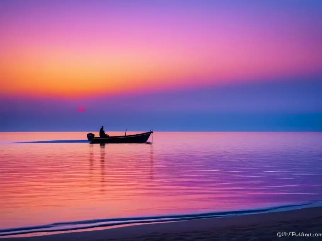 Un atardecer sereno sobre el océano, con tonos vibrantes reflejándose en el agua calmada