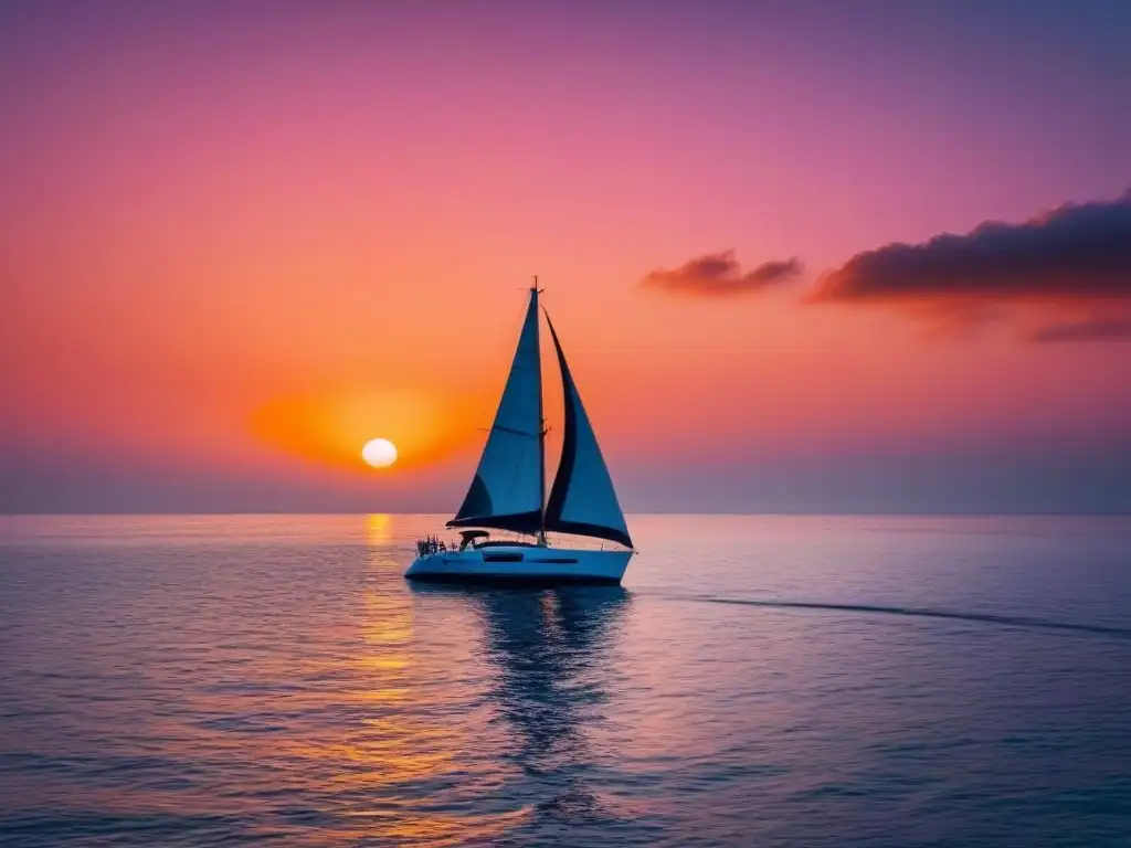 Un atardecer sereno en el océano con un velero solitario navegando, evocando técnicas de relajación en cruceros