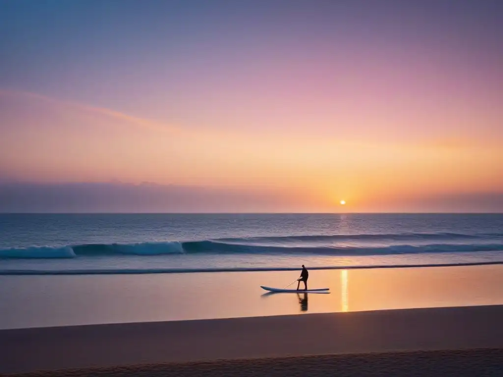 Un atardecer sereno en la playa con aguas tranquilas reflejando los tonos naranjas y rosados del cielo