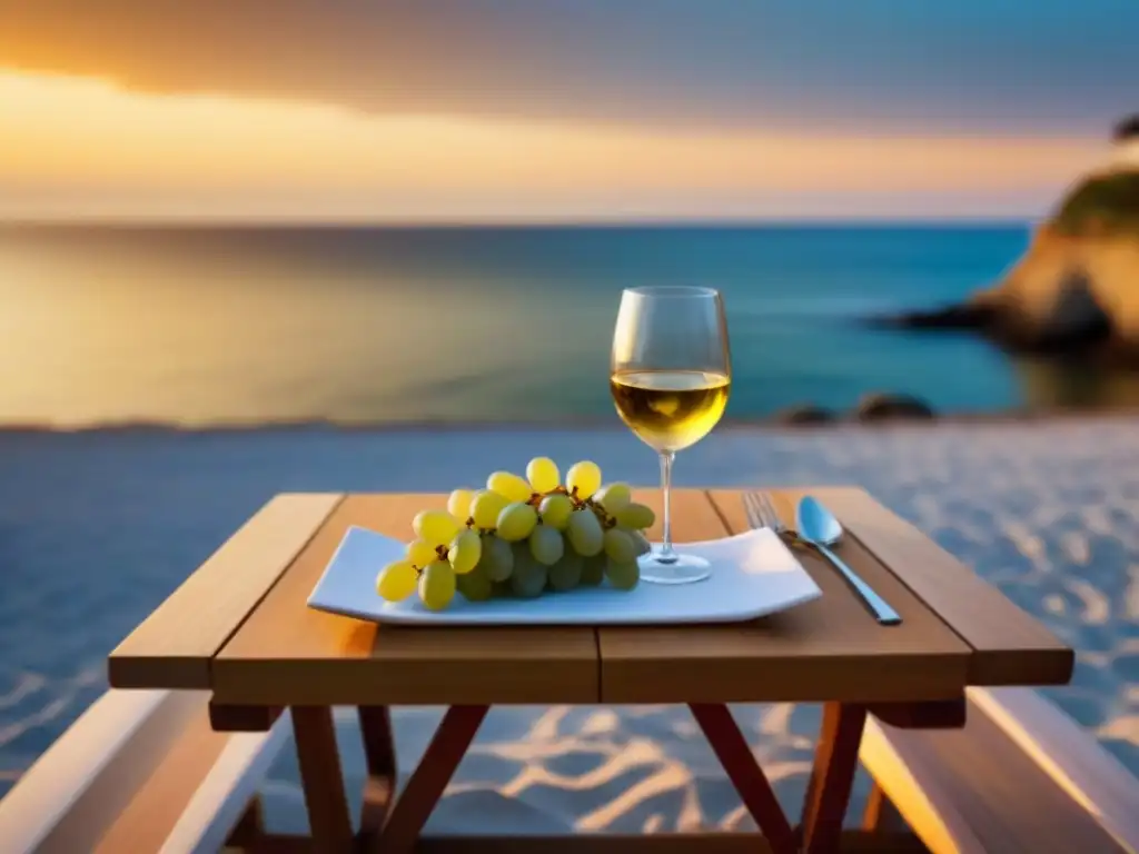 Un atardecer sereno en la playa con mesa para degustar vinos, copas, queso y uvas frescas