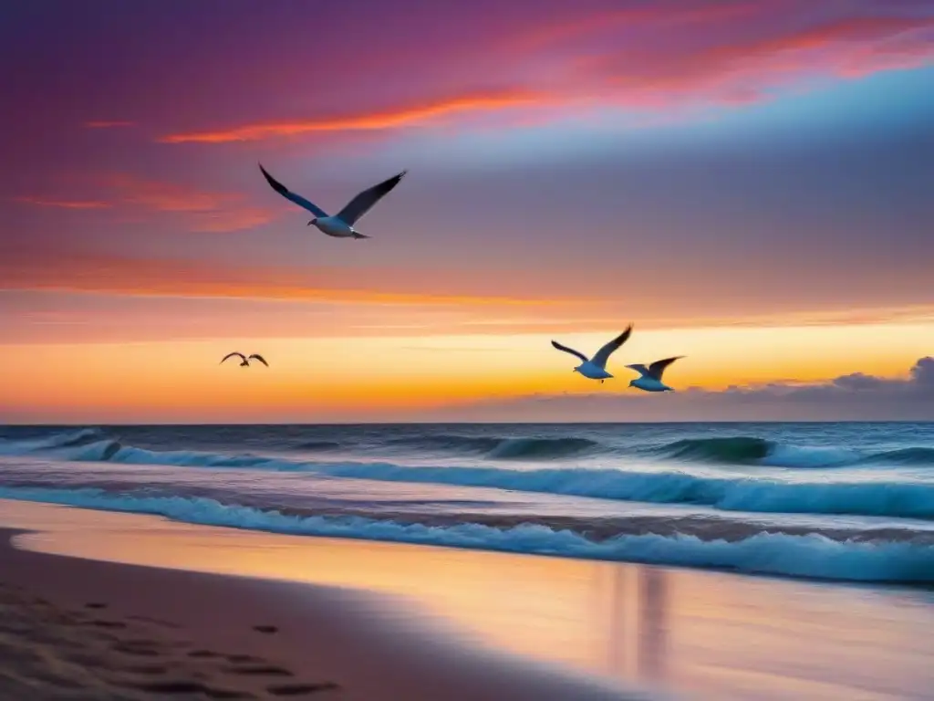 Atardecer sereno en la playa con olas suaves, gaviotas y un crucero en el horizonte