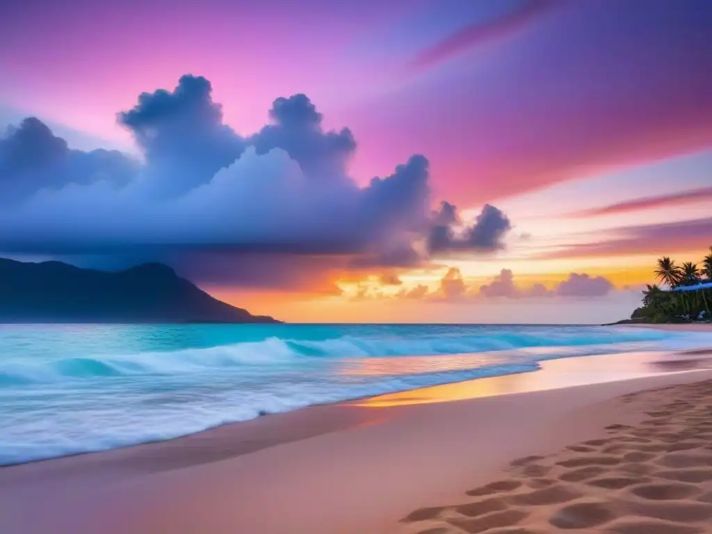 Atardecer sereno en playa del Caribe con palmeras, reflejos en el agua