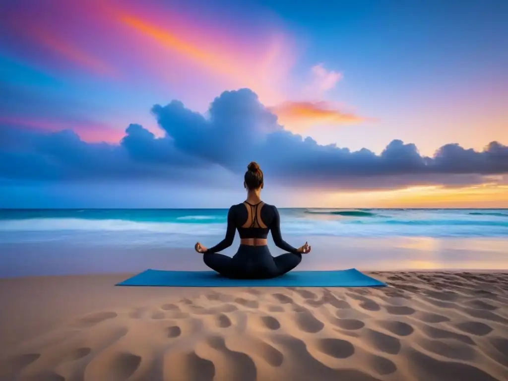 Un atardecer sereno en una playa tranquila, con luz dorada reflejándose en el agua, palmeras y una persona practicando yoga en la orilla