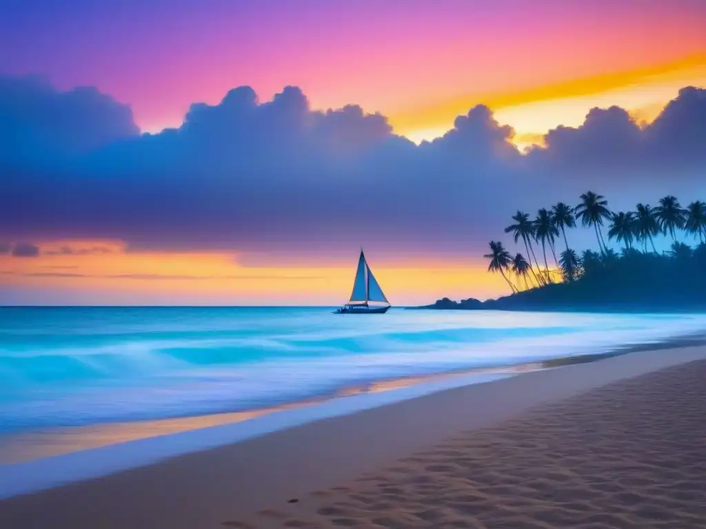 Atardecer sereno en una playa virgen con palmeras, mar tranquilo y velero